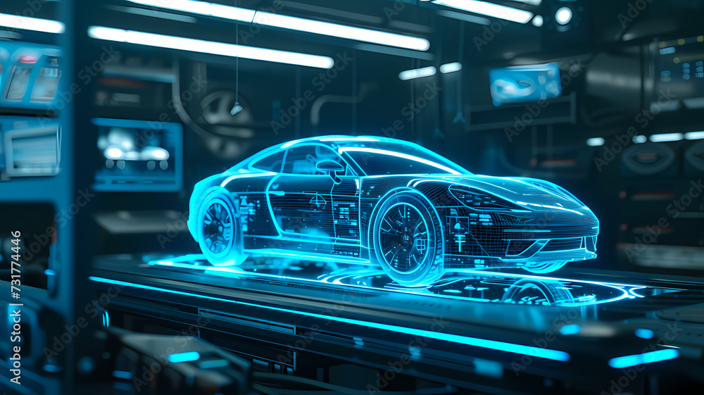 Futuristic Hologram Car Display in a High-Tech Laboratory Futuristic Hologram Car Display in a High-Tech Laboratory