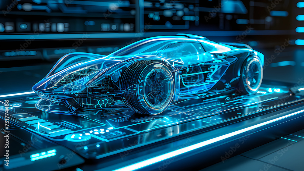 Futuristic Hologram Car Display in a High-Tech Laboratory Futuristic Hologram Car Display in a High-Tech Laboratory