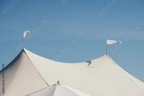 Flags flying on a marquee roof photo
