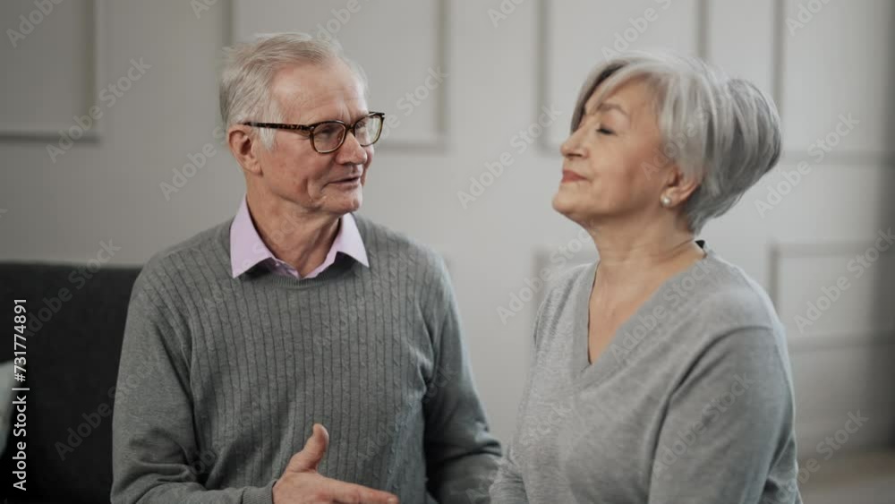 Senior couple paying talking at home. Positive wellbeing gray haired man woman discussing the news, arguing, laughing together at home. Lifelong relationships, old love, happy family concept. Senior couple paying talking at home. Positive wellbeing gray haired man woman discussing the news, arguing, laughing together at home. Lifelong relationships, old love, happy family concept.