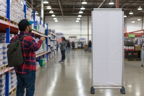 patron examining an empty pullup banner in the clearance area