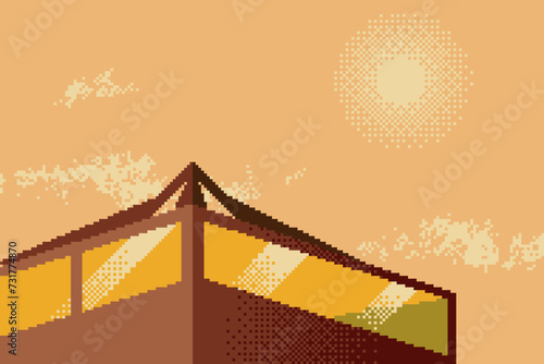 Top of A Modern Office Building at Sunset, Pixel Art illustration