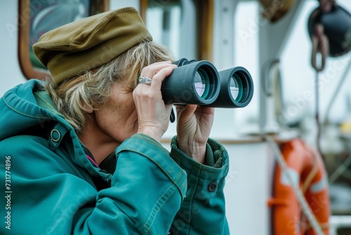 skipper lady looking through binoculars for fish signs photo