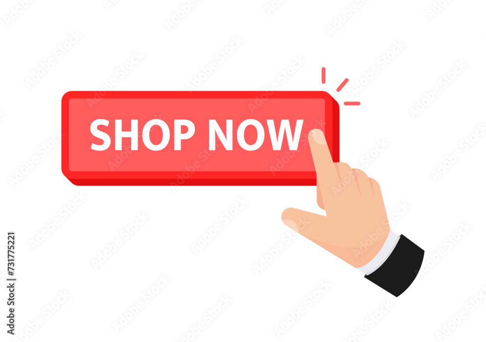 Vector graphic showing a hand touching a Shop Now button, symbolizing online shopping activity Vector graphic showing a hand touching a Shop Now button, symbolizing online shopping activity