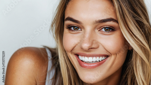 close up portrait of a beautiful young woman smiling with clean white teeth on a white background