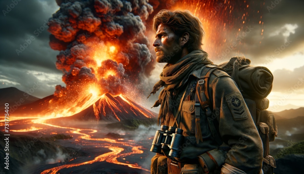 A medium shot of a lone scout with detailed facial expressions, observing a volcanic eruption from afar. A medium shot of a lone scout with detailed facial expressions, observing a volcanic eruption from afar.