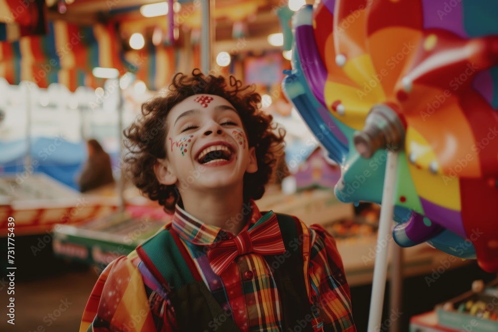 young clown with a pinwheel laughing near game stalls