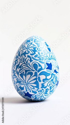 Aesthetic easter egg in traditional blue ethnic painting style. White background. Copy space. Generative AI