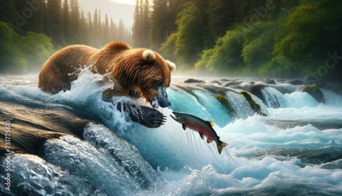 A grizzly bear fishing for salmon in a rushing river, with the bear in mid-action, water splashing around.
