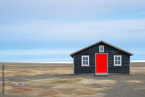 house with bright red door in the middle of an empty plain