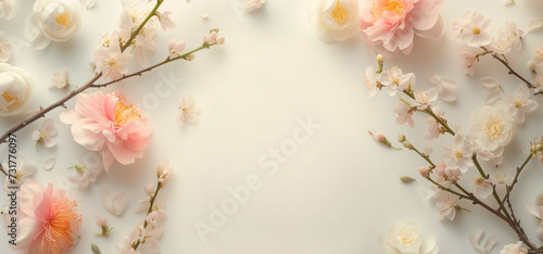 Spring background with pink flowers and blooming branches  banner copy space. Natural flowers flat lay  blooming spring backdrop