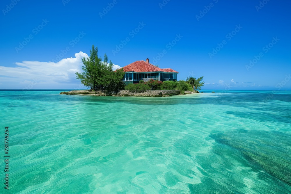 house on a small island, surrounded by clear blue water