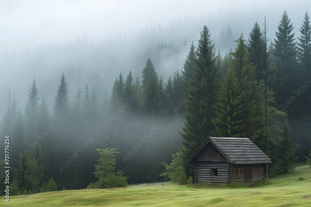 lone wooden cabin in a pine forest, morning fog