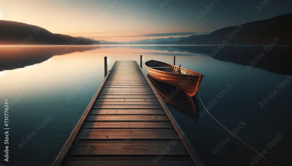 A serene lakeside at dawn, with a minimalist wooden dock extending into the calm water.