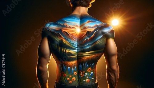 A male model with his back turned to the camera, showcasing a full-back body painting of a vivid and detailed landscape. photo