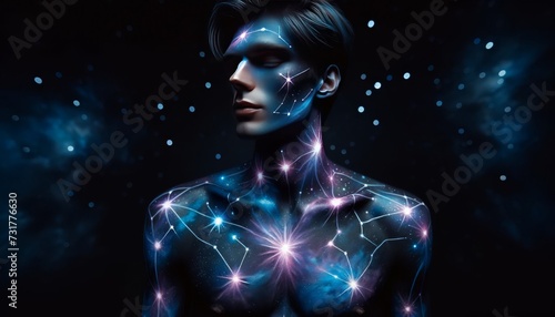 A male model with constellation and galaxy-inspired body art, standing against a dark, starry background.