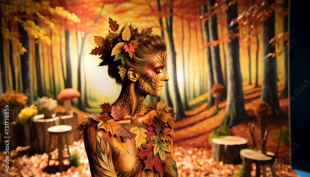 A scene showing a model with seasonal-themed body art, like autumn leaves.