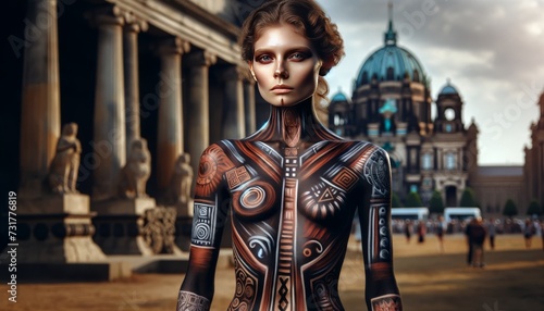 A model with body paint depicting traditional tribal patterns, standing in front of a historical landmark.