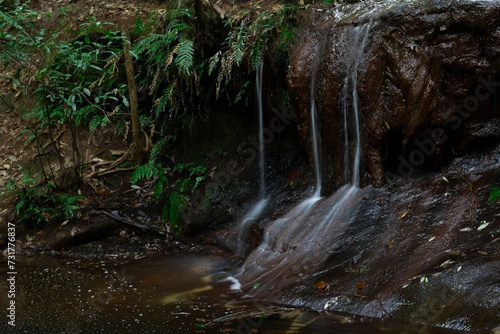 waterfall flowing down the side of a cliff into a pond