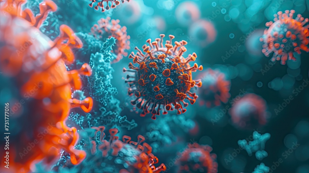 green, red and blue coronavirus surrounded by red fluorescent dots, in the style of dark azure and gold, green, red and blue coronavirus surrounded by red fluorescent dots, in the style of dark azure and gold,