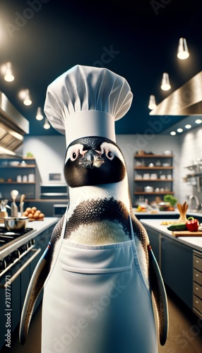 A penguin dressed as a chef with a toque and apron, standing confidently in a gourmet kitchen.