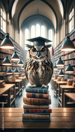 An owl wearing glasses and a graduation cap, perched on a stack of books in a library.