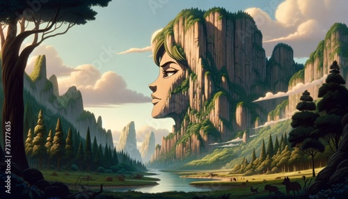 A traditional 2D animation style image showcasing the landscape with a cliff face subtly resembling Echo's profile, as if she's become part of the ter. photo