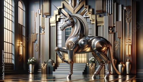 A photorealistic image of an Art Deco unicorn illustrated in the Art Deco style, combining elegance with mythical charm.
