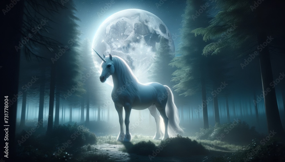 A photorealistic image of a unicorn bathed in the soft light of a full moon, creating a serene nighttime scene.