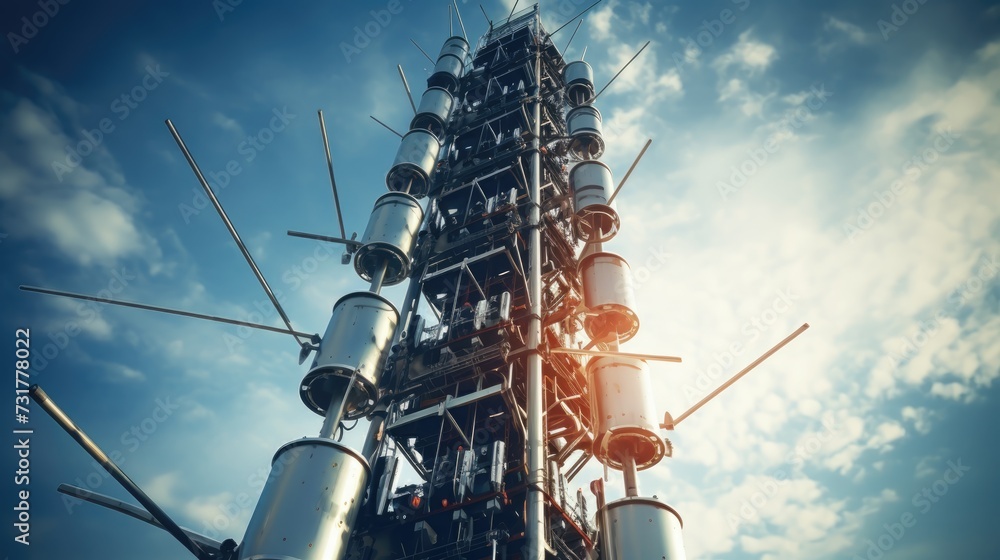 Close-up of a tall 5G antenna transmitting ultra-high frequency signals - obrazy, fototapety, plakaty 
