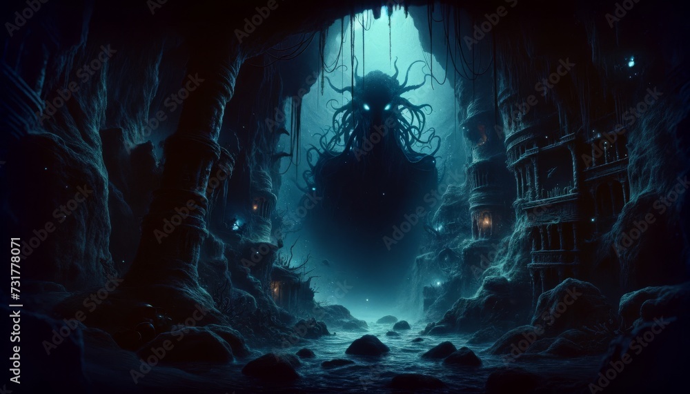 A dark, foreboding underwater cave that serves as Charybdis’ home, in the style of Cultural and Folkloric Animation Art. - obrazy, fototapety, plakaty 