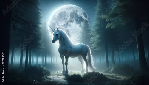 A photorealistic image of a unicorn bathed in the soft light of a full moon  creating a serene nighttime scene.