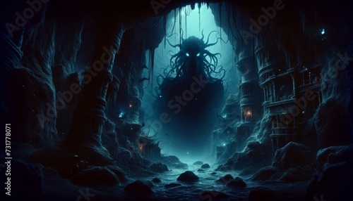 A dark, foreboding underwater cave that serves as Charybdis’ home, in the style of Cultural and Folkloric Animation Art.