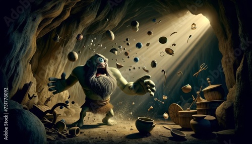 A whimsical, animated art style scene depicting the dramatic moment Polyphemus discovers his rage upon realizing Odysseus' trick. photo