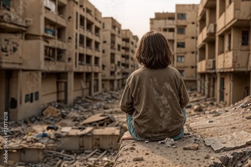 Bambino in Abiti Sporchi Seduto guarda la sua città lDistrutta dalla Guerra, Vista Posteriore