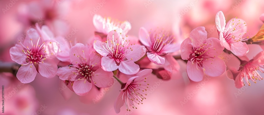 A detailed view of pink cherry blossoms adorning a twig on a flowering tree, showcasing the vibrant petals in magenta hues. A detailed view of pink cherry blossoms adorning a twig on a flowering tree, showcasing the vibrant petals in magenta hues.