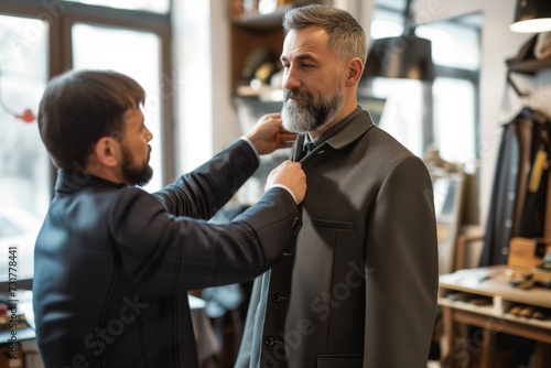 tailor fitting jacket on male client in shop photo