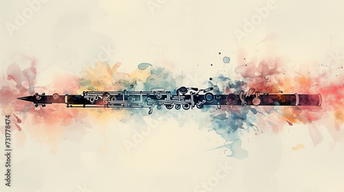 Double exposure of oboe and colorful watercolor splashes on white background. Ai generative.
 photo