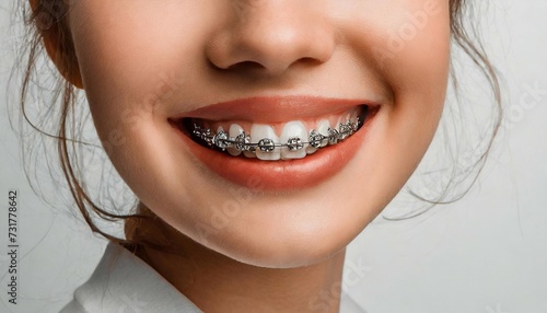 close - up of a woman with a dental braces. orthodontic braces. dental braces on a white background 