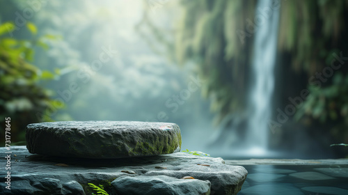 Empty product podium from rock. Cylinder stand concept. Blurred Bali nature with waterfall background, beauty skincare, technology products display.