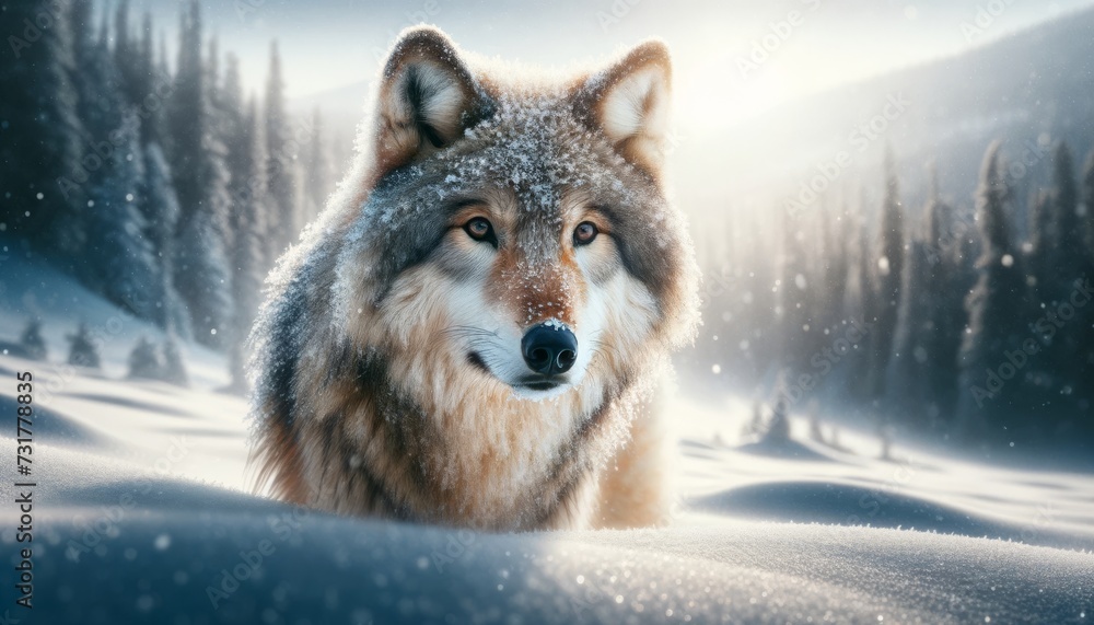 Fototapeta premium A photo-realistic image of a lone wolf in a snowy landscape.