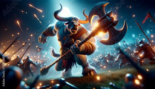 A whimsical animated art style depiction of the Minotaur in battle, swinging a weapon with intense focus and determination. photo