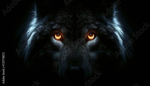 A photo-realistic image focusing on the glowing eyes of a wolf in the darkness.