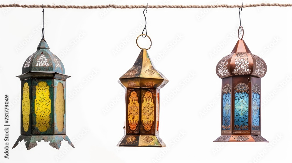 Obraz premium Arabic lantern ornament isolated over white background for frame design template. Suitable for design element of Ramadan Kareem greeting template. Ramadan Kareem theme background template.