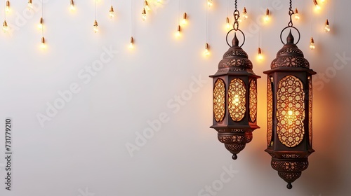 Eid mubarak with a islamic decorative frame pattern with decorative mini lamp and beauty lantern on a light ornamental background. You can put your text here.