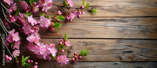 Mothers Day with a branch of blooming flowers on a wooden backdrop.