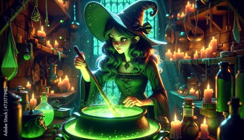 A witch stirring a bubbling cauldron with green liquid, in a whimsical animated art style with a 16_9 ratio. photo