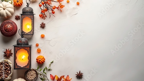 Eid mubarak with a islamic decorative frame pattern with dried spice and fruit, with beauty lantern on a light ornamental background. You can put your text here. photo