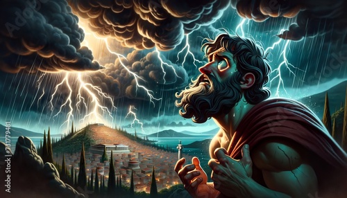 A whimsical animated art style scene depicting the wrath of the gods, with Theseus reacting to a divine omen. photo