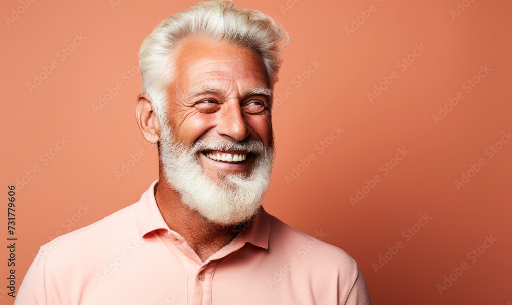 Obraz premium Joyful elderly gentleman with a radiant smile, white beard, and stylish haircut wearing a casual pink polo shirt on a matching peach background